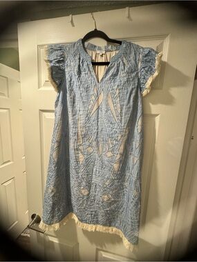 Light Blue & Cream Embroidered Cotton Dress